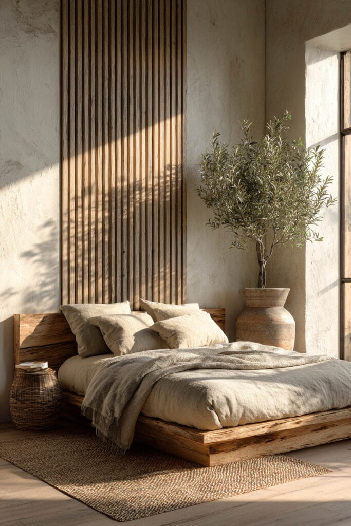 Japandi bedroom with wood slat accent wall, olive tree, low wood bed, neutral linen bedding, and warm natural sunlight