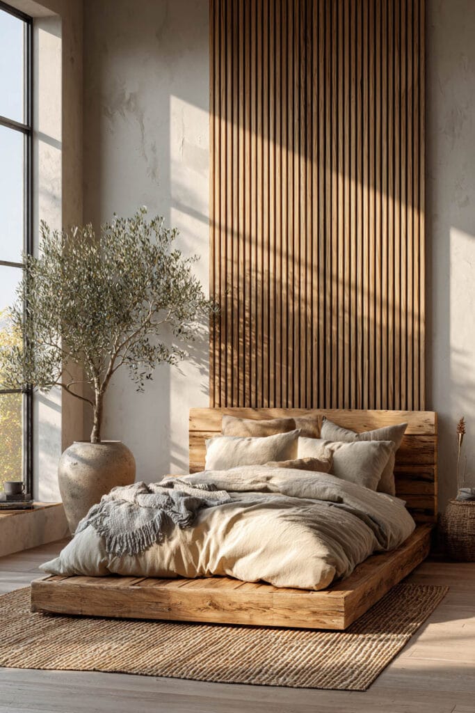 Japandi bedroom with wood slat wall, low wood bed, warm neutral bedding, olive tree, and soft natural sunlight