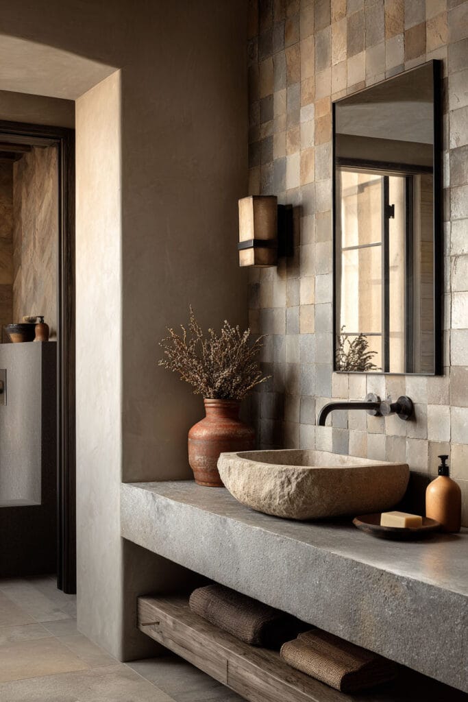 Earthy bathroom with clay tile wall, stone vessel sink, floating concrete vanity, and warm natural materials decor.
