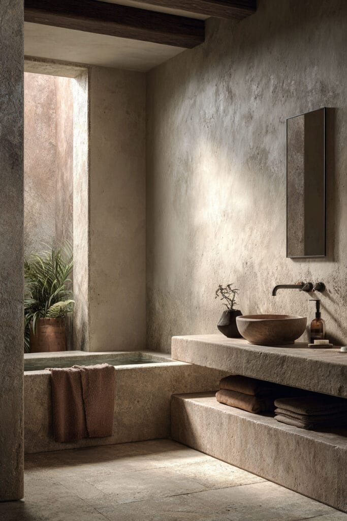 Organic modern bathroom with stone vanity, plaster walls, stone soaking tub, and soft natural light creating a spa-like atmosphere.