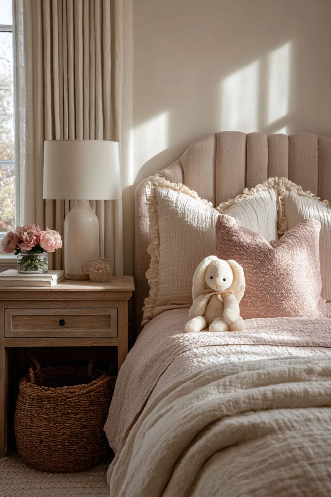 Blush and neutral little girls bedroom with scalloped upholstered headboard, layered pillows, plush bunny toy, and wooden nightstand.