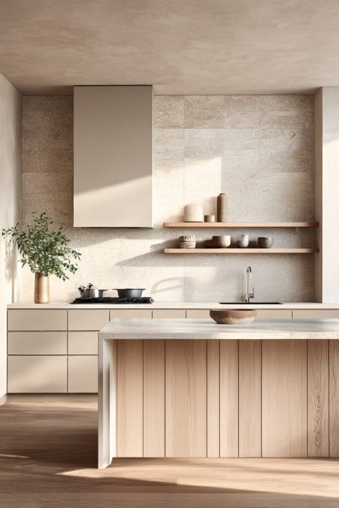 earthy neutral kitchen with beige cabinets, light wood island, and natural stone backsplash in a modern organic kitchen design