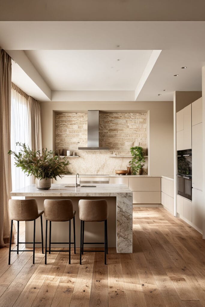 earthy neutral kitchen with beige cabinets stone island and wood floors in modern organic kitchen design