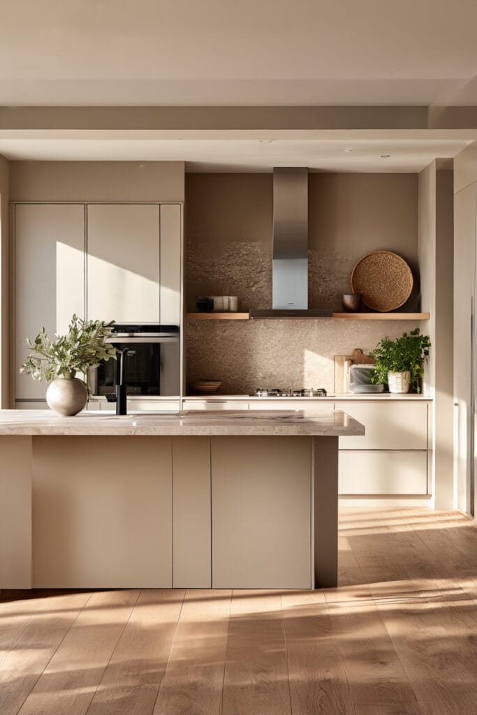 earthy neutral kitchen with beige cabinets, warm wood flooring, textured backsplash, and modern organic kitchen design