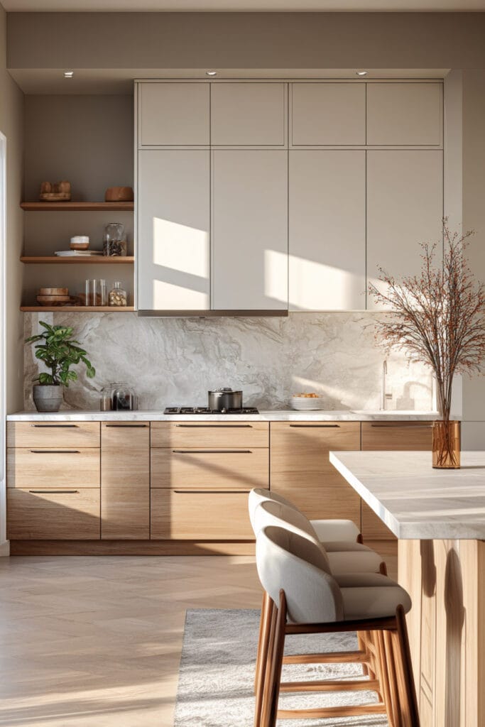 Earthy neutral kitchen with light wood cabinets, beige upper cabinets, marble backsplash, and natural sunlight in a modern cozy kitchen