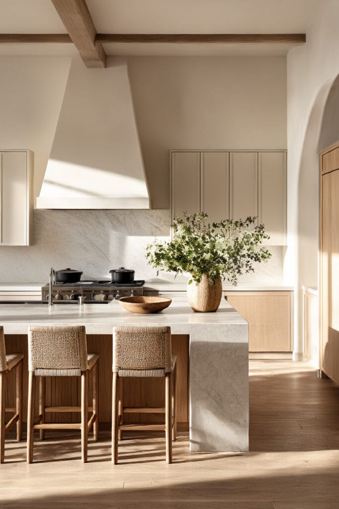 earthy neutral kitchen with beige cabinets, marble island, wood accents, and organic modern kitchen design with warm natural light