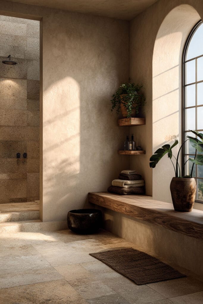 Earthy spa-style bathroom with clay tile shower, plaster walls, wood bench seating, and warm sunlight through an arched window.