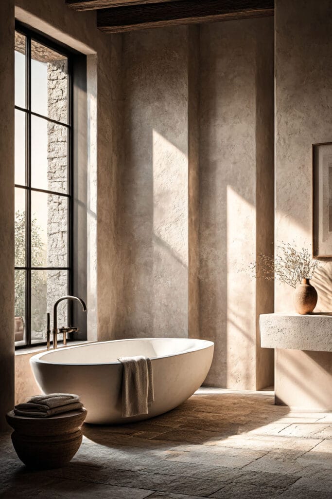 Earthy spa bathroom with freestanding soaking tub, textured plaster walls, natural stone flooring, and warm natural light