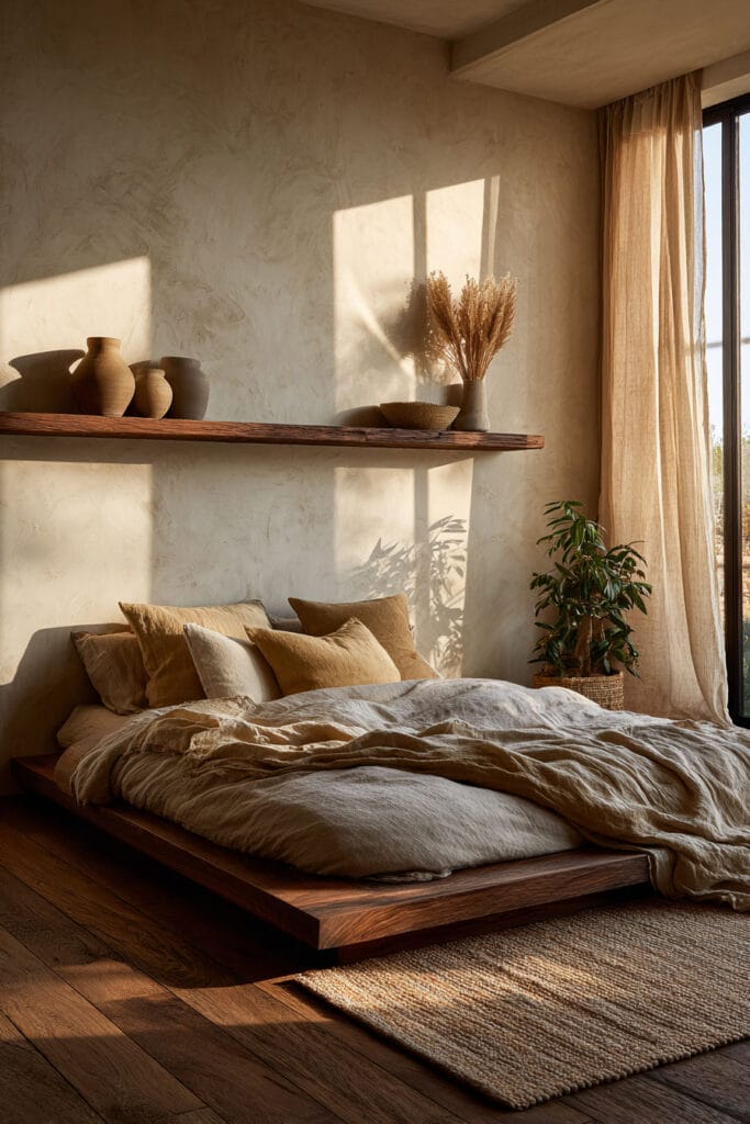 Japandi bedroom with floating wood shelf, ceramic decor, neutral bedding, warm sunlight, and earthy tones