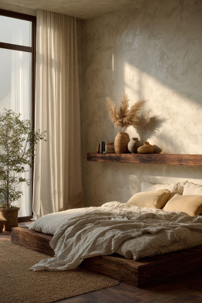 Japandi bedroom with low wood platform bed, neutral linen bedding, floating wood shelf with ceramic decor, and warm natural sunlight