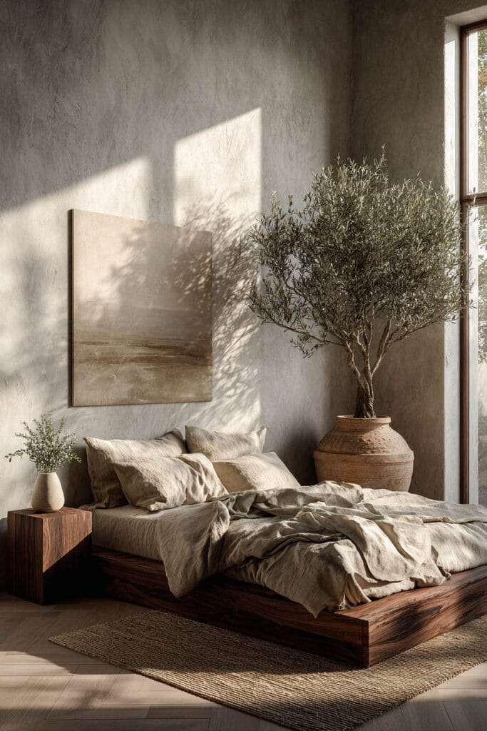 Japandi bedroom with low wood platform bed, neutral linen bedding, large olive tree, minimal wall art, and soft natural sunlight