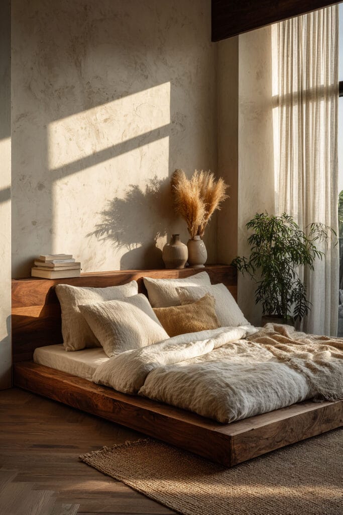 Japandi bedroom with warm neutral tones, linen bedding, wood platform bed, pampas grass decor, and soft sunlight casting shadows on textured wall