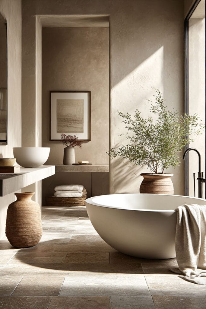 Earthy bathroom with freestanding soaking tub, plaster walls, stone flooring, and natural decor creating a spa-like natural materials interior.