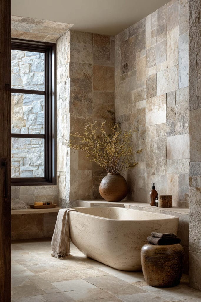 Organic modern bathroom with freestanding stone tub, textured stone tile walls, natural light window, and warm earthy decor.