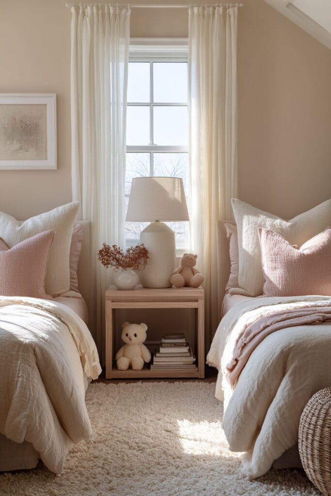 Shared little girls bedroom with two twin beds, blush and neutral bedding, teddy bears, and a bedside table between the beds under a sunny window.