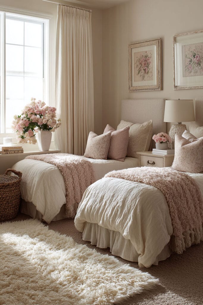 Shared little girls bedroom with two twin beds, blush pillows, neutral bedding, floral decor, and soft natural light.