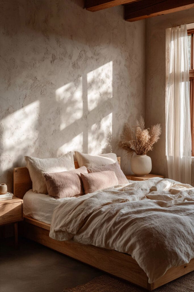 Warm neutral Japandi bedroom with linen bedding, soft blush pillows, textured wall, and sunlight casting window shadows