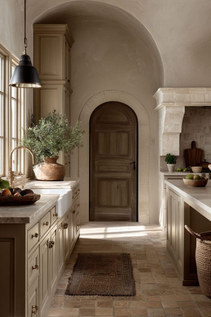 earthy neutral kitchen with cream cabinets, stone countertops, arched doorway, and warm rustic organic kitchen design