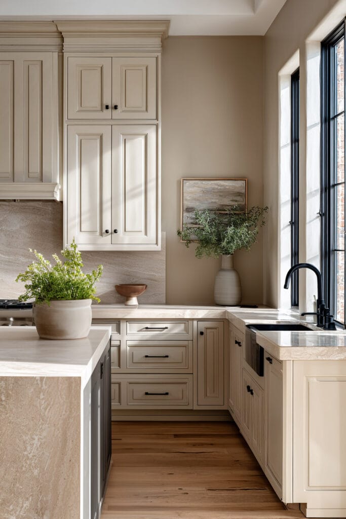 earthy neutral kitchen with cream cabinets, beige walls, and natural stone countertops in a warm organic modern design