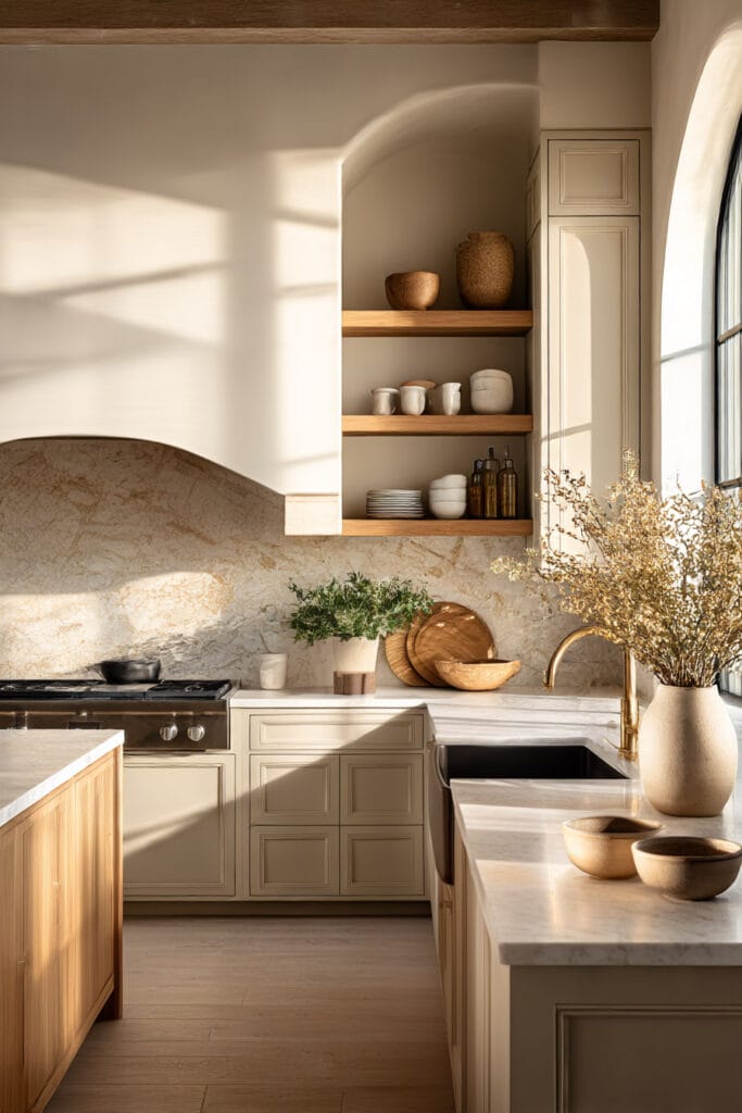 earthy neutral kitchen with cream cabinets open shelving wood accents and stone countertops in organic modern style