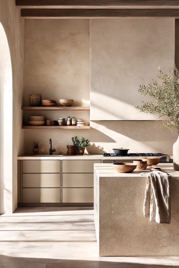 Earthy neutral kitchen with plaster walls, stone island, open shelving, and warm natural tones in an organic modern kitchen