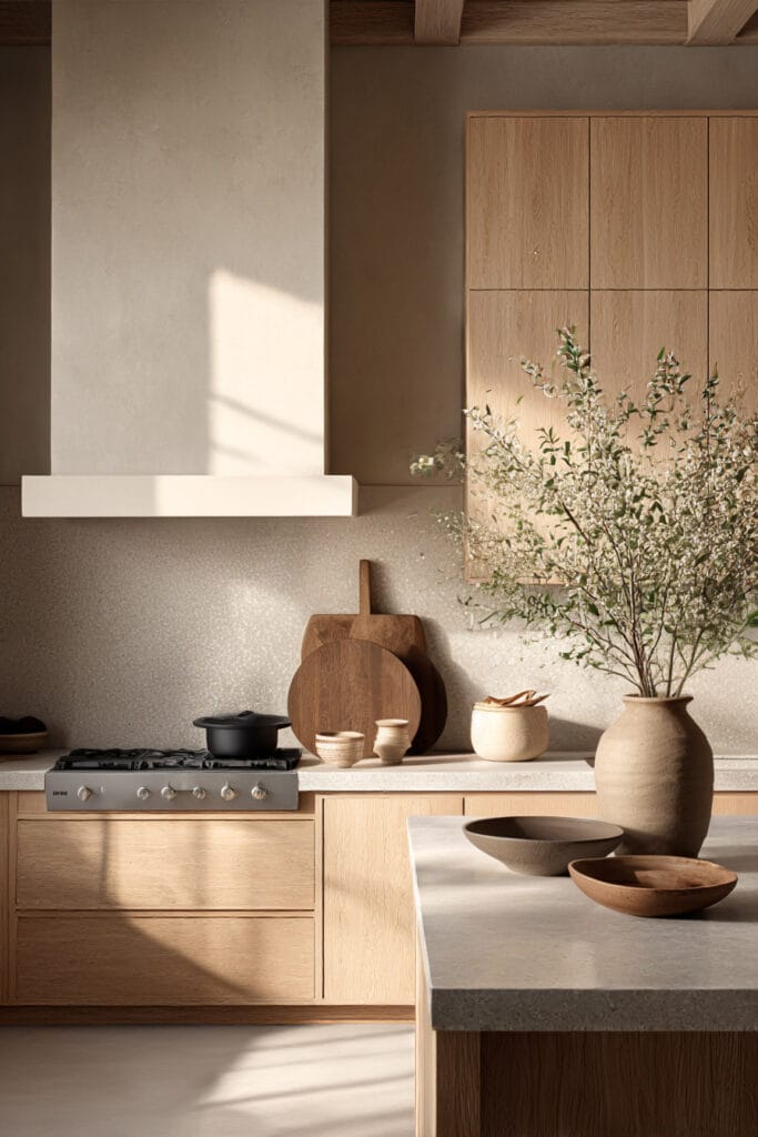 earthy neutral kitchen with warm wood cabinets, textured backsplash, stone countertops, and organic modern kitchen styling