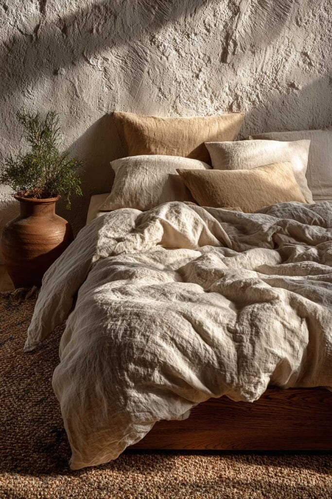 Japandi bedroom with rumpled linen bedding, textured plaster wall, warm neutral pillows, and earthy minimalist deco