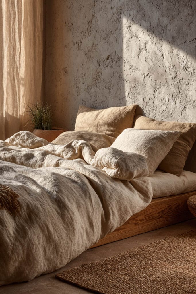Japandi bedroom with low platform wood bed, soft linen bedding, textured plaster wall, and warm natural sunlight