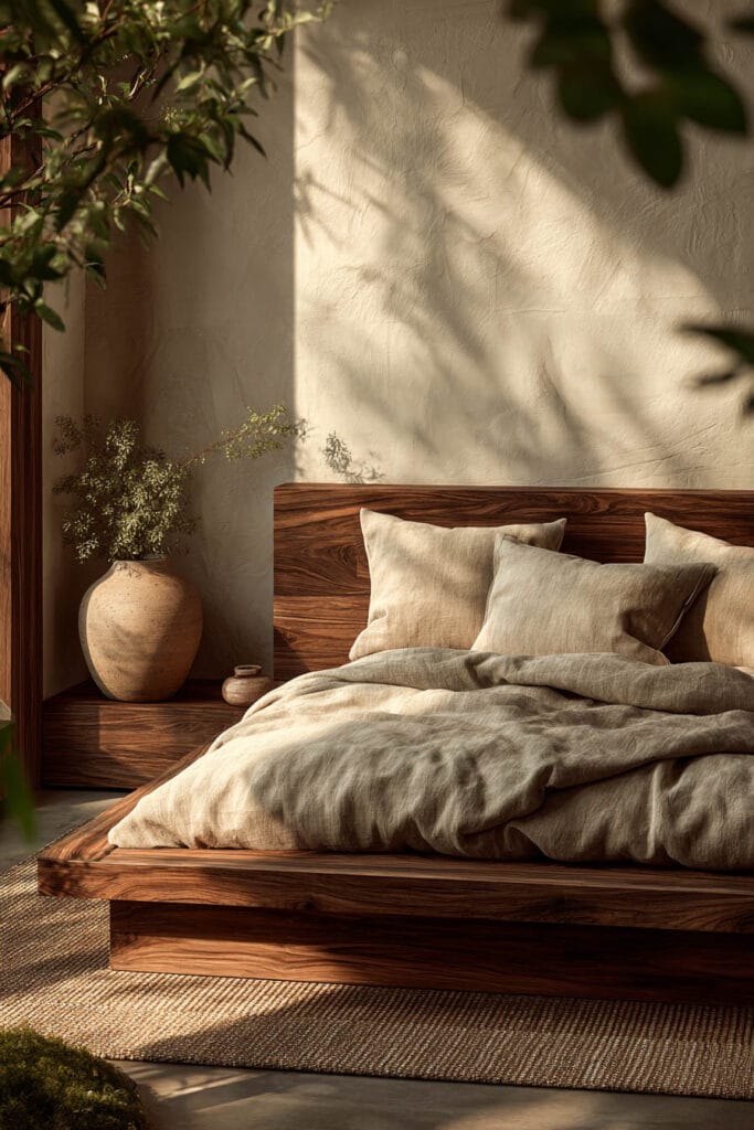 Japandi bedroom with low wood platform bed, warm neutral linen bedding, textured wall, and soft sunlight with ceramic decor and greenery