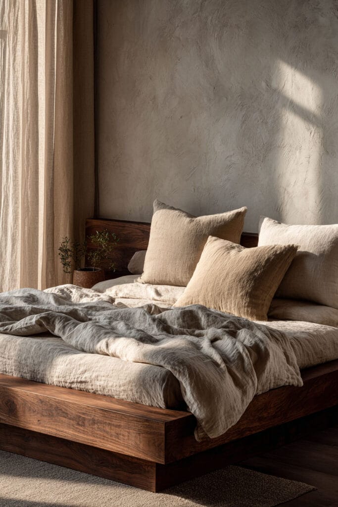 Japandi bedroom with low wood platform bed, neutral linen bedding, warm wood frame, and soft natural light through sheer curtains