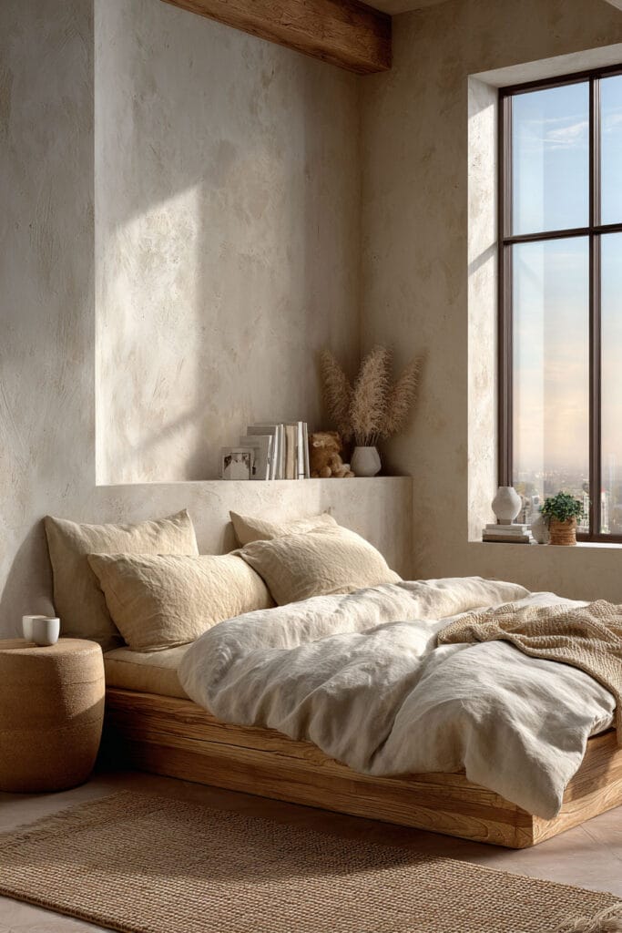 Light neutral Japandi bedroom with wooden platform bed, cream linen bedding, textured plaster walls, and soft natural sunlight