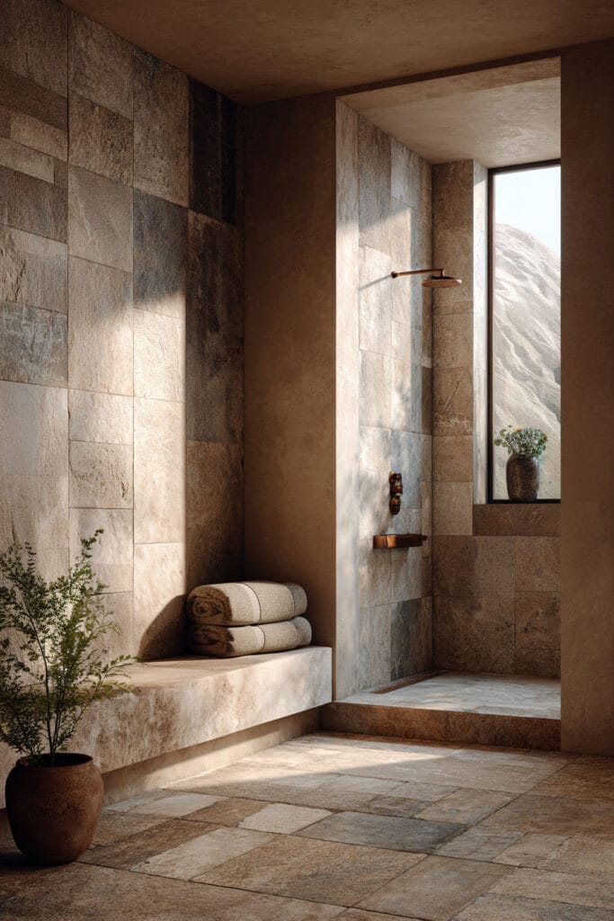 Organic modern bathroom with stone tile shower, built-in stone bench, warm plaster walls, and natural light from a window.