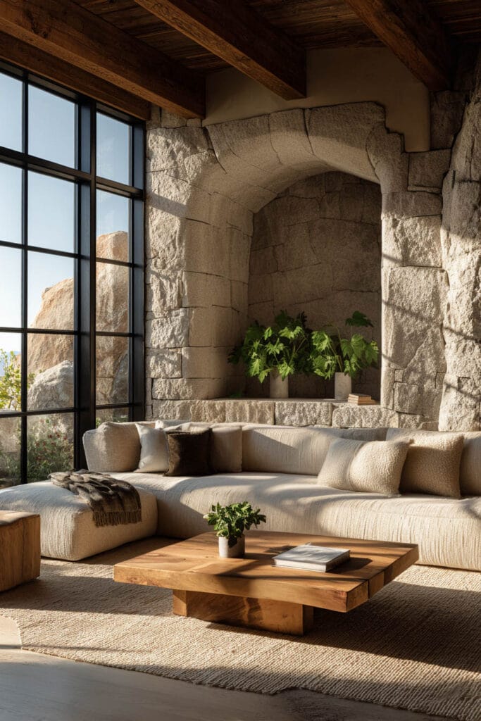 Organic modern living room with stone arch niche, wood ceiling beams, neutral sectional sofa, and natural wood coffee table.