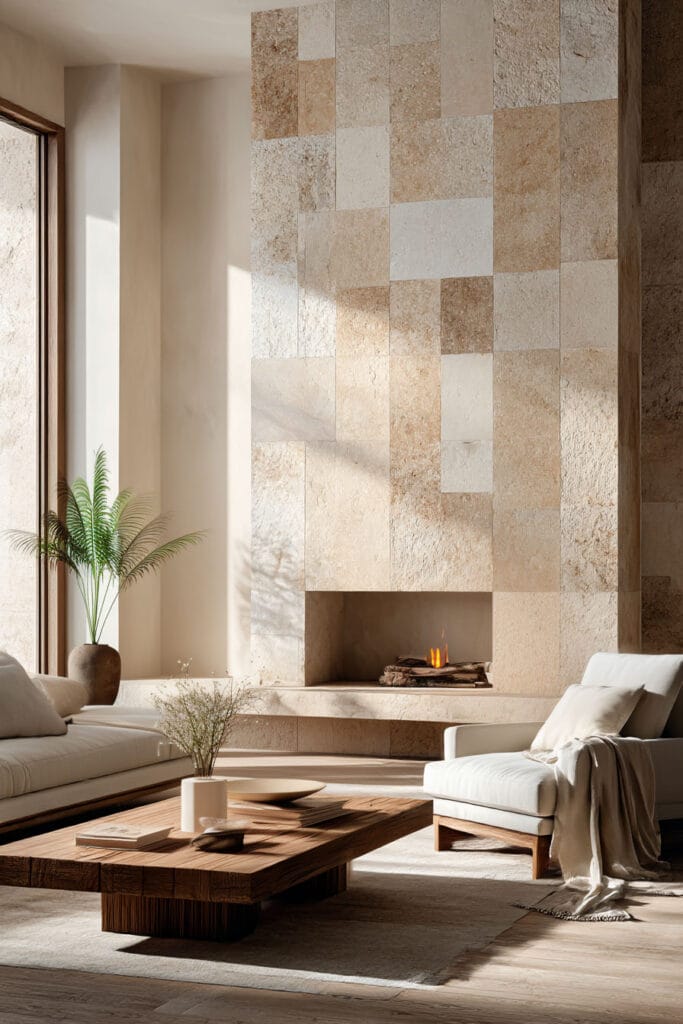 Organic modern living room with textured stone fireplace, wood coffee table, neutral seating, and layered natural materials