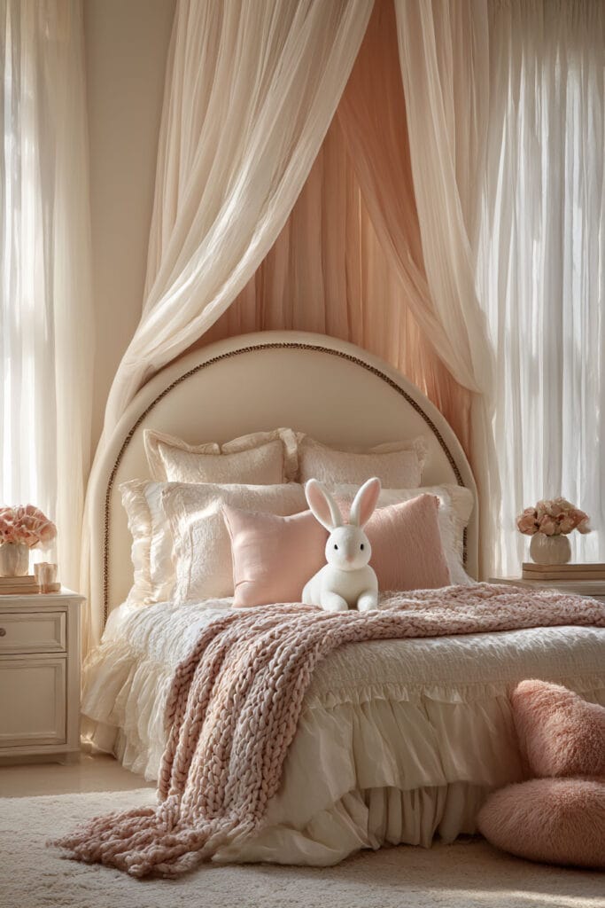 Princess-inspired little girls bedroom with blush bedding, canopy drapes, curved upholstered headboard, plush bunny toy, and soft neutral decor.