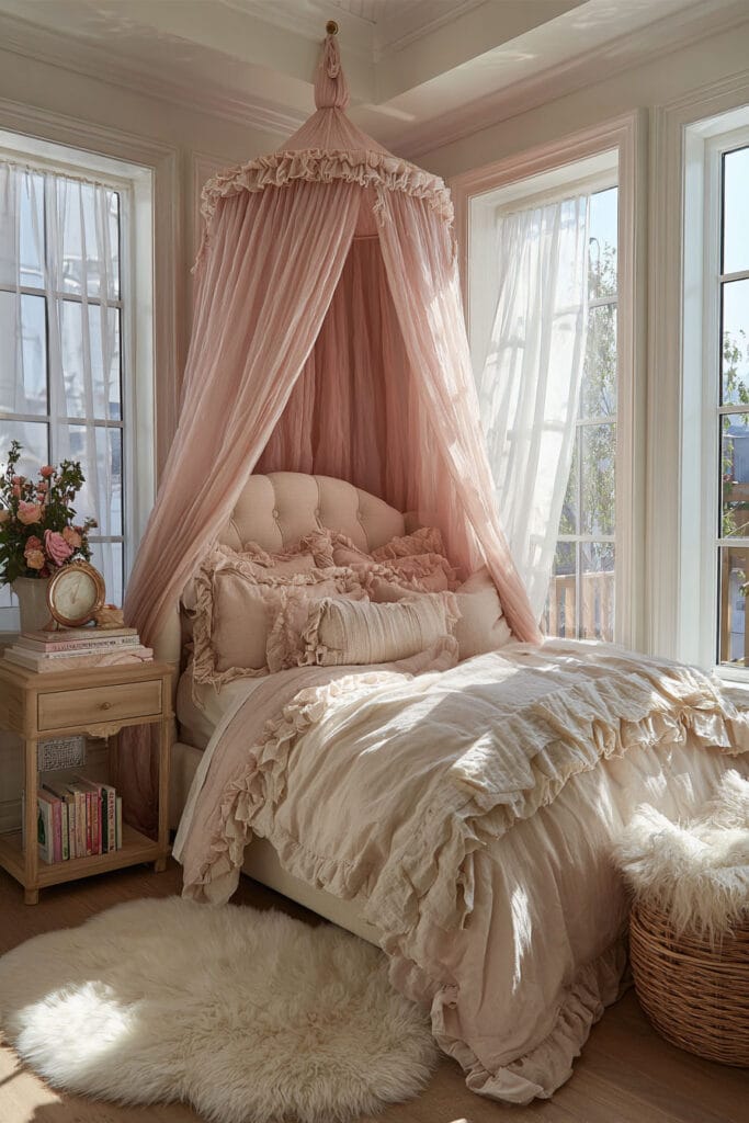 Soft princess-inspired little girls bedroom with blush canopy bed, ruffled bedding, tufted headboard, and warm natural sunlight.