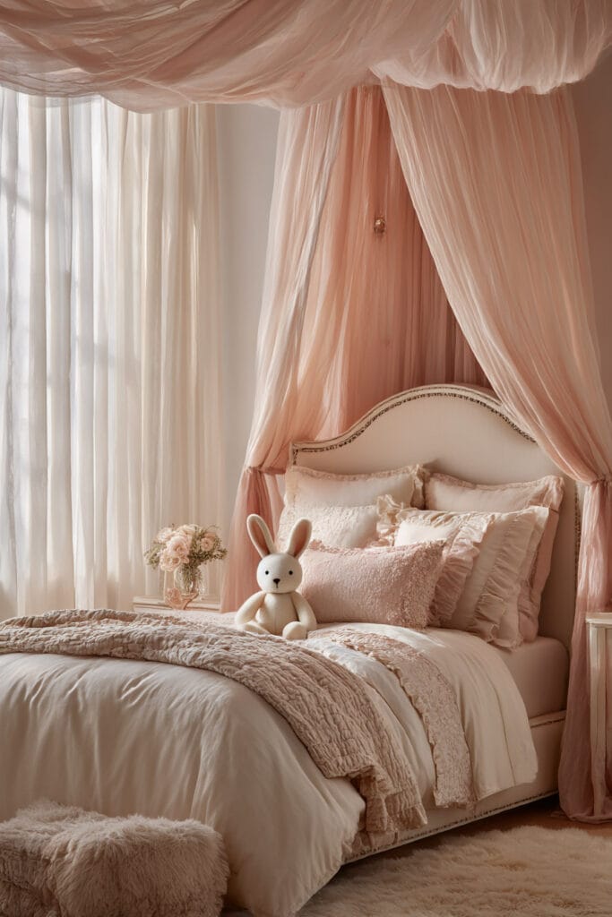 Soft princess-inspired little girl’s bedroom with blush canopy bed, layered ruffle bedding, bunny plush toy, and warm natural window light.