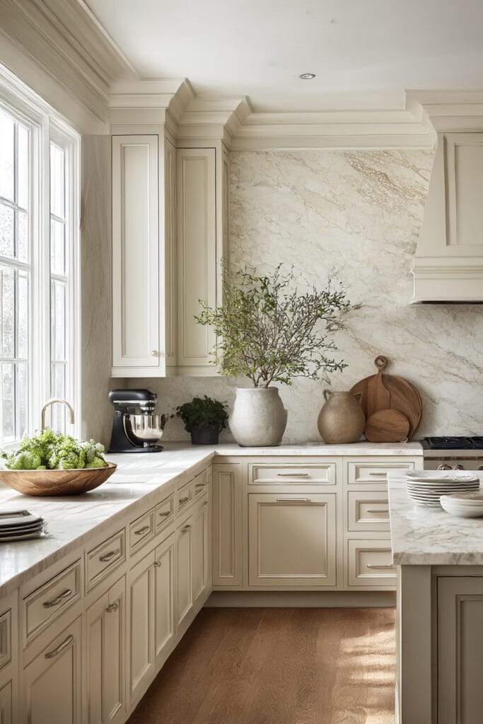 earthy neutral kitchen with cream cabinets and marble backsplash, warm traditional kitchen design with natural stone and soft tones