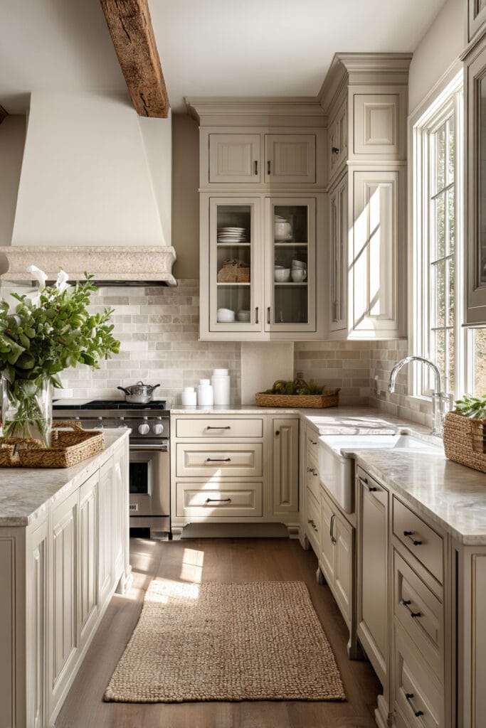 earthy neutral kitchen with cream cabinets, stone countertops, subway tile backsplash, and warm traditional kitchen design