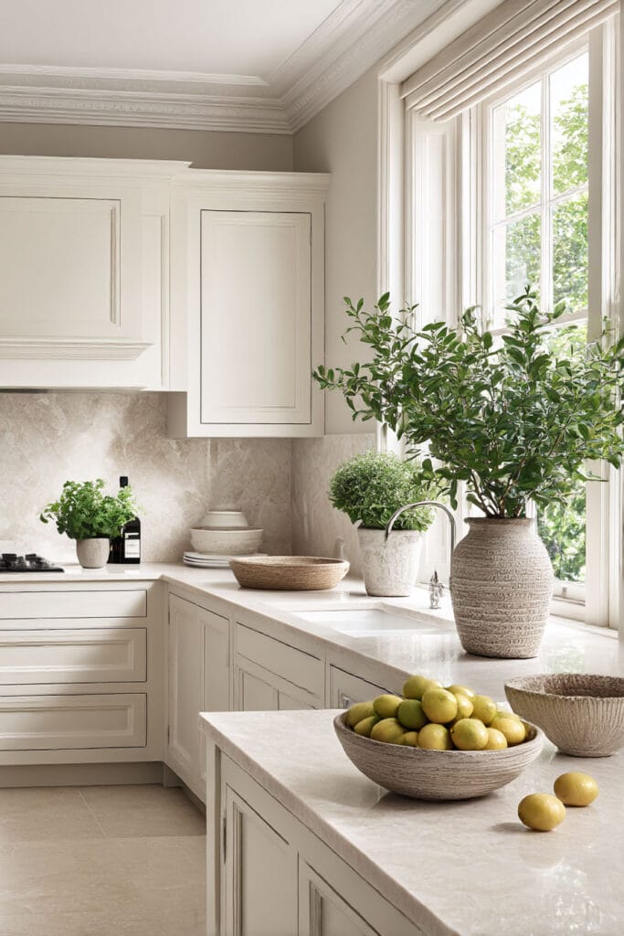 Light neutral kitchen with cream cabinets, stone countertops, greenery, and natural sunlight in a bright earthy kitchen design