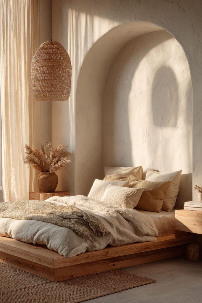 Japandi bedroom with arched wall niche, low wood platform bed, neutral linen bedding, and rattan pendant light