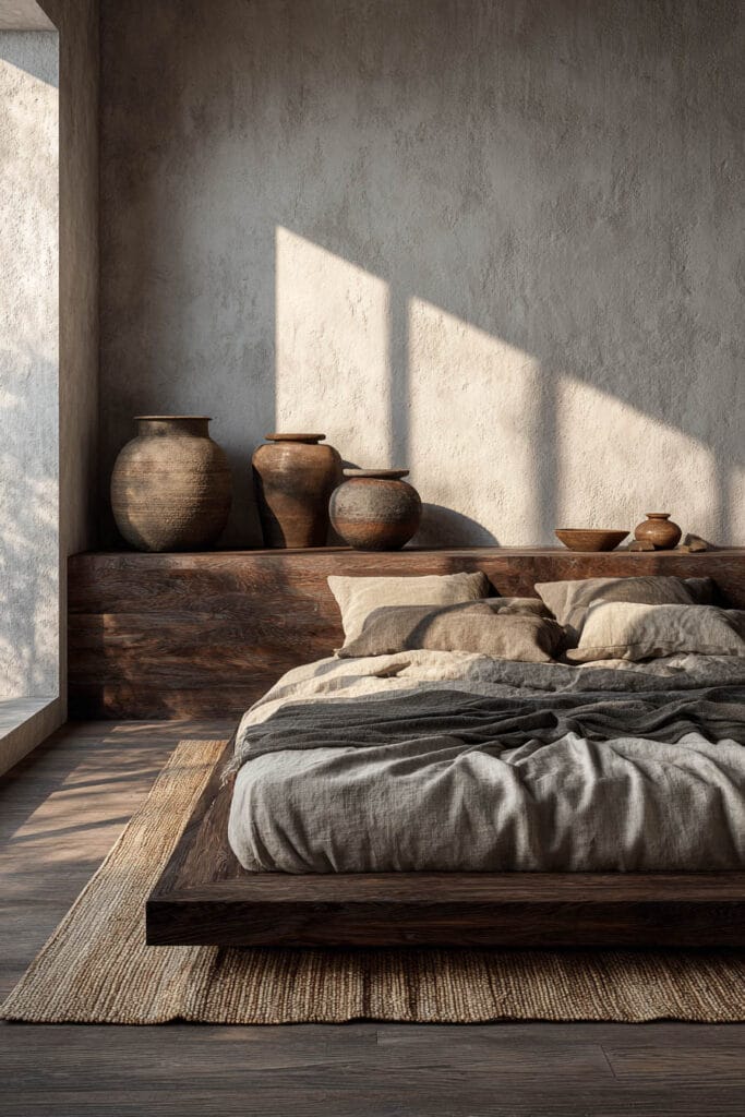 Japandi bedroom with dark wood platform bed, neutral linen bedding, textured plaster wall, and ceramic decor styled on built-in shelf with natural sunlight