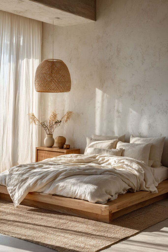 Japandi bedroom with light wood platform bed, neutral linen bedding, rattan pendant light, textured plaster wall, and soft natural sunlight