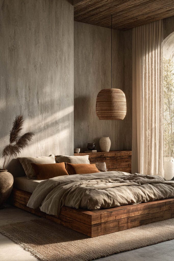 Japandi bedroom with low wooden platform bed, neutral linen bedding, woven pendant light, and warm natural textures