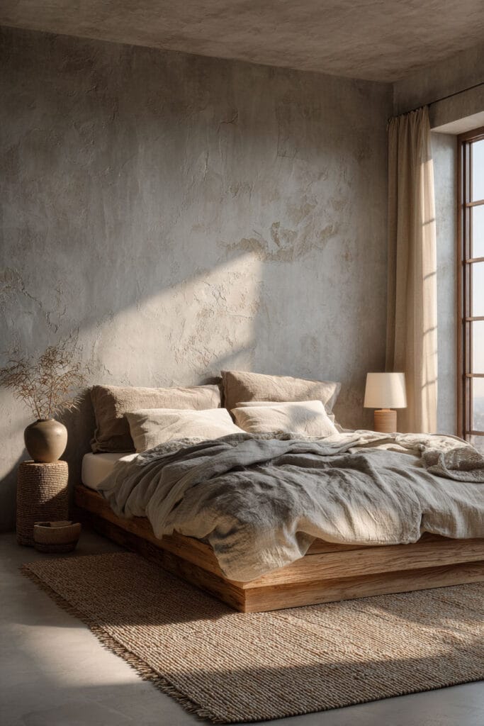 Japandi bedroom with low wood platform bed, warm neutral linen bedding, textured plaster wall, and soft sunlight through window