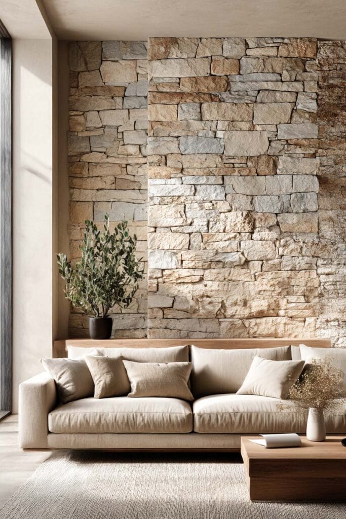 Organic modern living room with stone accent wall, neutral sofa, wood coffee table, and natural textures creating a warm earthy interior.