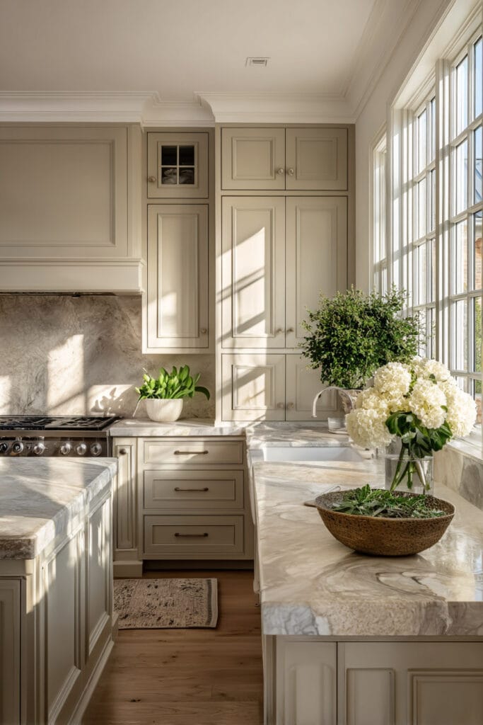 neutral kitchen with cream cabinets marble countertops and natural light in timeless kitchen design