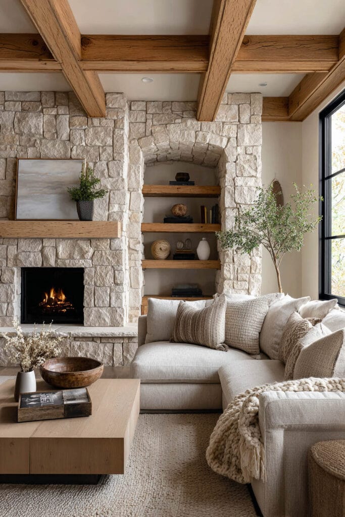 Organic modern living room with stone fireplace, arched built-in shelves, wood ceiling beams, and neutral linen sectional sofa.