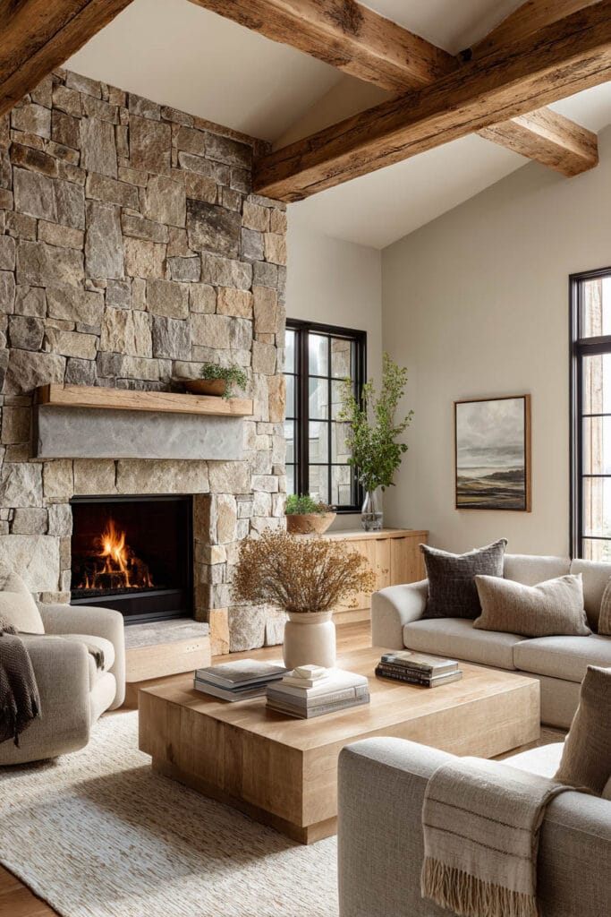 Organic modern living room with large stone fireplace, exposed wood ceiling beams, neutral linen seating, and warm natural textures.