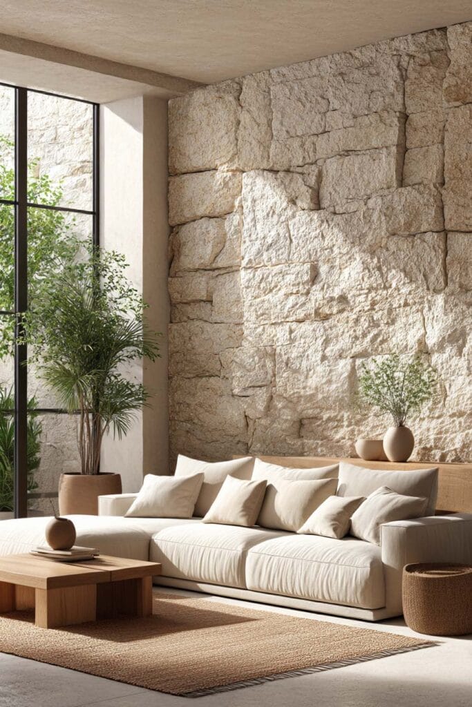 Organic modern living room with textured stone wall, neutral linen sofa, wood coffee table, and natural decor